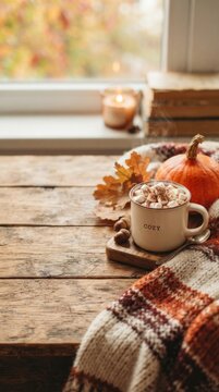 Cozy autumn still life with a steaming mug of hot chocolate - A warm, inviting autumn scene featuring a steaming mug of hot chocolate, pumpkin, and a cozy blanket.