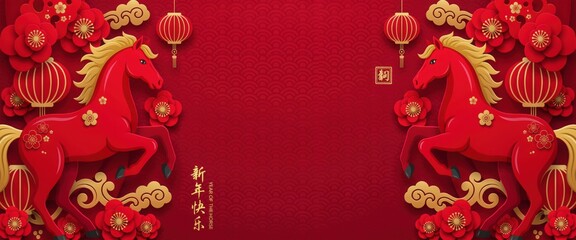 Fototapeta premium Chinese new year background with red horses and traditional decorations