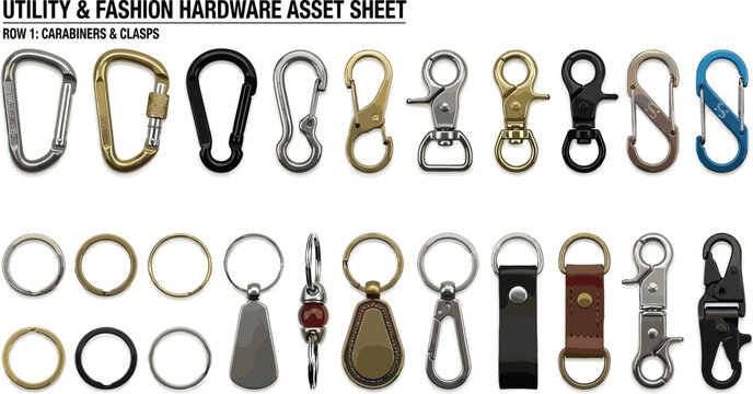 Utility and Fashion Hardware Asset Sheet with Realistic Carabiners Metal Clasps Split Key Rings and Leather Keychain Fobs Graphic Designs