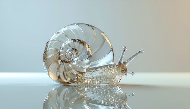 A single clear glass snail with a spiral shell on a clean neutral background
