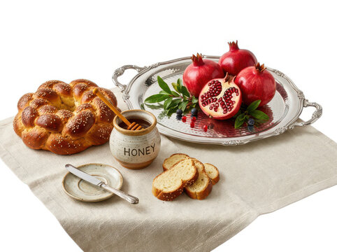 Fresh round challah bread with sweet honey and red pomegranates on a cloth table