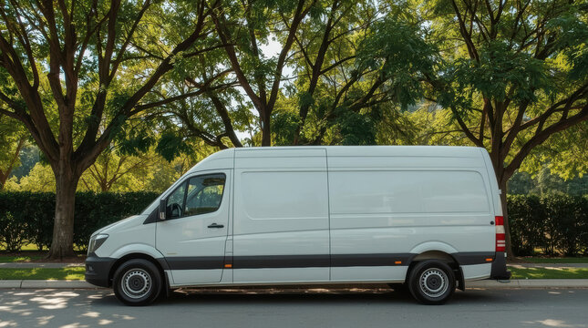 White delivery van green tree urban street parked vehicle commercial transport natural light