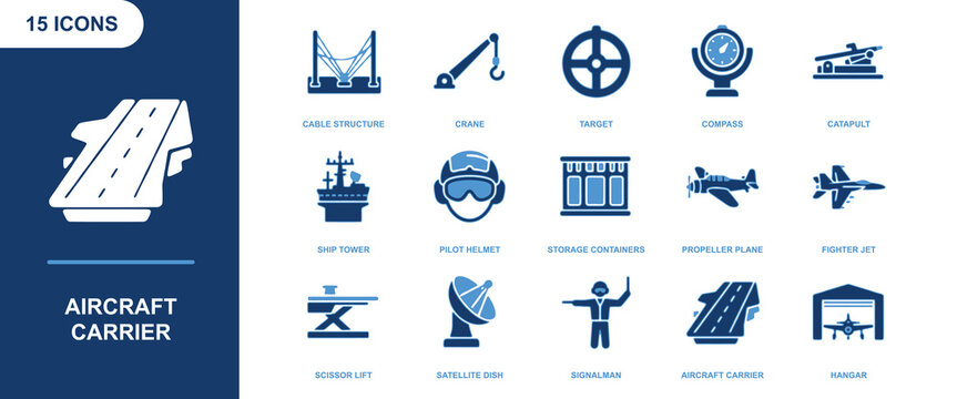 Aircraft carrier icon sheet featuring navy ship components, military aviation equipment, and flight deck operations in blue style