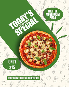 Truffle mushroom pizza advertisement flyer template with pricing