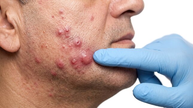Dermatologist wearing blue gloved hand inspecting severe papules and pustules acne on male cheek