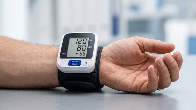Close-up of a male patient left wrist with automatic blood pressure monitor displaying healthy pressure and pulse 65 reading on monochrome screen. Perfect vital signs and hypertension prevention conce
