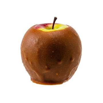 Caramel-coated apple with vibrant red and green coloring on white background  