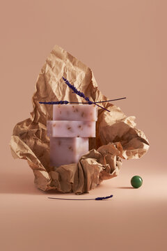Lavender handmade soap with crumpled paper still life