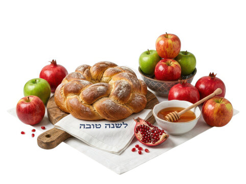 Fresh round braided challah bread with red apples honey and pomegranates on table