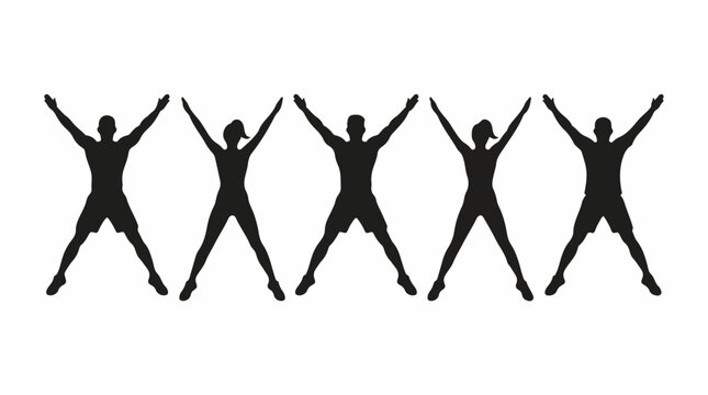 Silhouettes of five people performing jumping jacks in a row