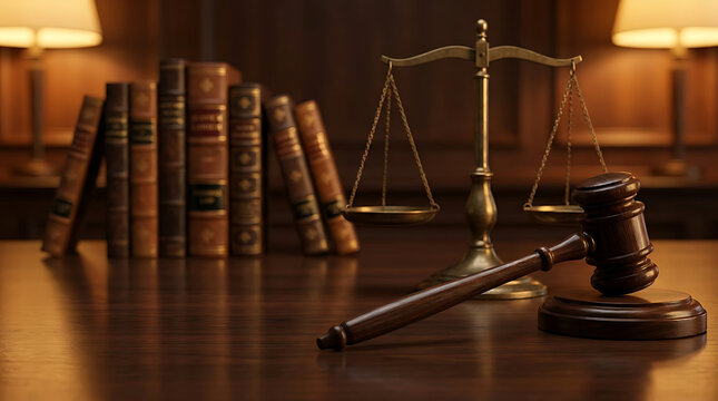 Legal concepts with a wooden judge gavel, scales of justice, and law books on a dark wooden desk