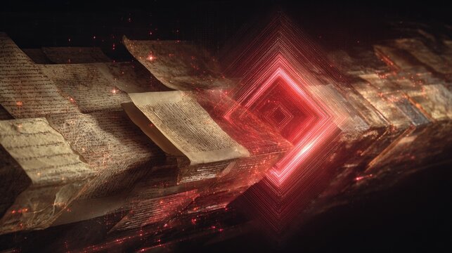 A conceptual depiction of an algorithm visualized as a new form of historian, capturing the essence of knowledge through flowing manuscripts and glowing digital elements in a dynamic and futuristic en