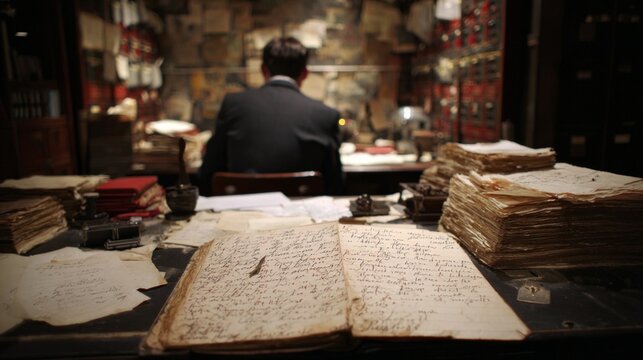 An evocative scene in a dimly lit historical archive room showing a man seated at a desk cluttered with aged documents, the atmosphere rich with the weight of history and mystery, faint light illumina