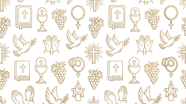 Christian First Communion Seamless Pattern with Gold Line Art Icons of Holy Bible Chalice Rosary Grapes Peace Dove Praying Hands and Cross Wallpaper Designs