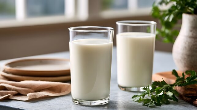 Two glasses of fresh milk on a kitchen counter with wooden plates  fresh herbs  and soft natural light from a window