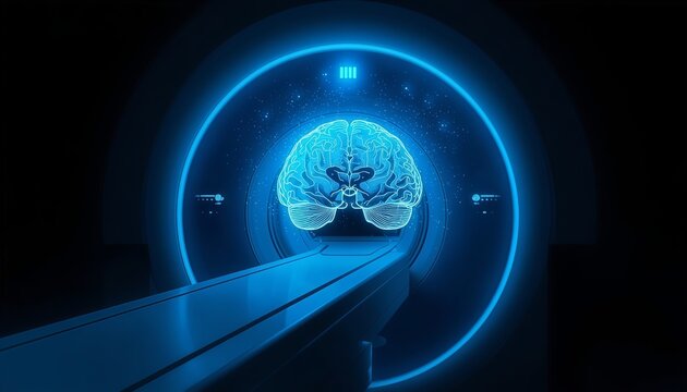 Futuristic blue holographic brain in an MRI machine tunnel