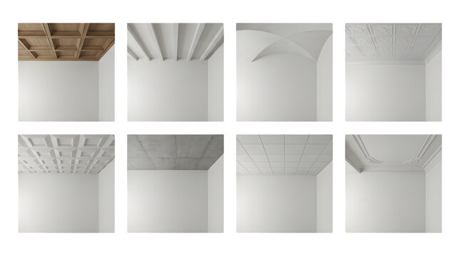 Minimalist ceiling design collection, 8 architectural interior room mockups. Modern white wall backgrounds with wood beams and vaulted textures.