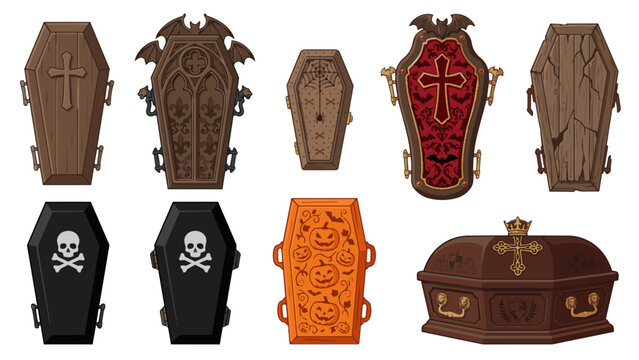 Halloween Coffin Set Vector Illustration, Gothic Ornate Skull Crossbones Coffin Flat Design Isolated on White Background