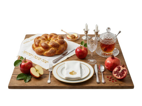 Traditional jewish rosh hashanah dinner table with round challah bread and honey