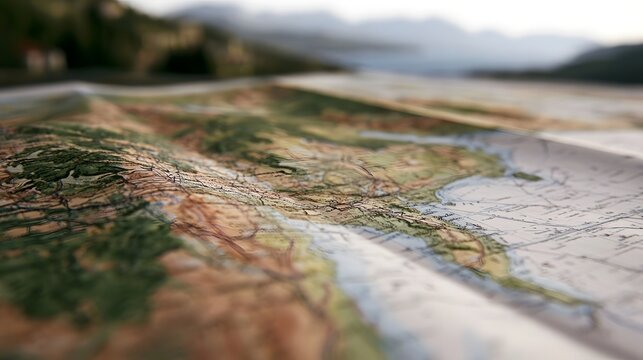 Close up of a detailed topographic map with blurred natural landscape in the background  emphasizing terrain features and geographic contours