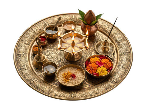 Traditional golden hindu pooja thali plate with burning diya lamp and flowers
