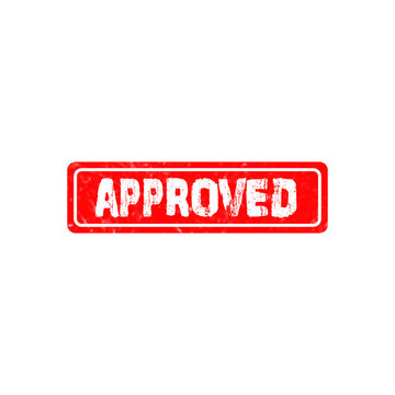Red rectangular rubber stamp with the word approved in a rustic distressed texture for official document use