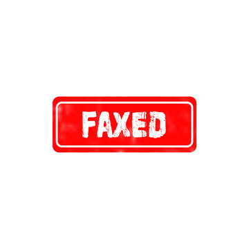 Red rectangular rubber stamp with the word faxed written in white letters on a flat vintage grunge texture