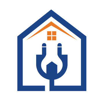 Electric Plug Wire Cable with House, Home Electricity Installation logo design
