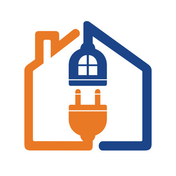 Electric Plug Wire Cable with House, Home Electricity Installation logo design