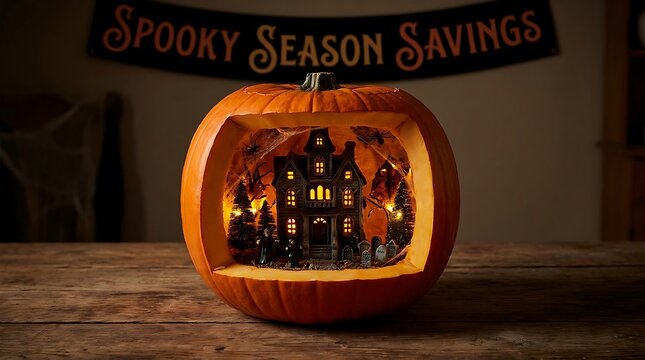 Spooky season savings banner above a jack-o-lantern with a miniature haunted