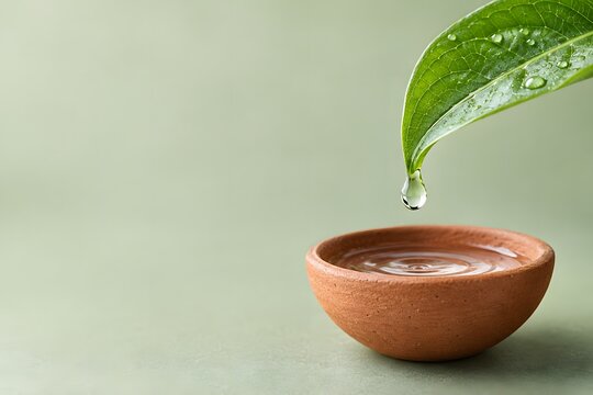 Wassertropfen an einem gr&uuml;nen Blatt &uuml;ber einer wassergef&uuml;llten Tonschale