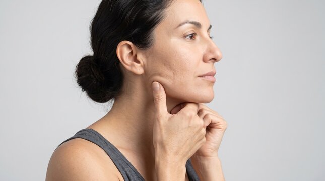 Side view profile of woman pinching jawline skin checking for sagging and skin elasticity