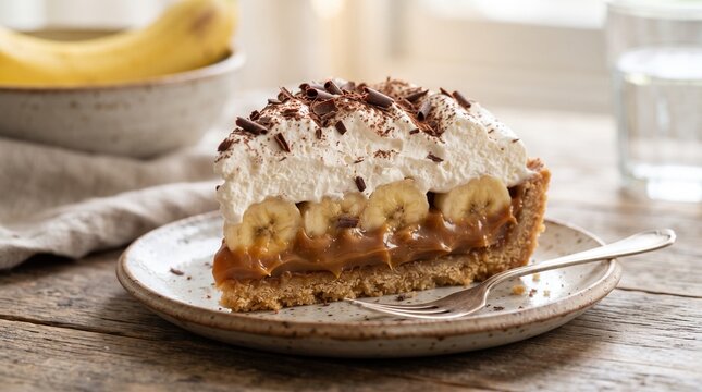 Slice of delicious banoffee pie with whipped cream and chocolate shavings on a plate