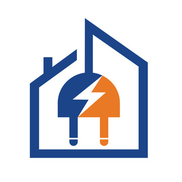 Electric Plug Wire Cable with House, Home Electricity Installation logo design