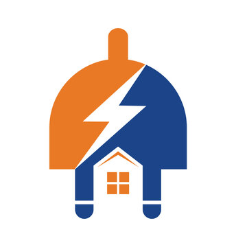 Electric Plug Wire Cable with House, Home Electricity Installation logo design