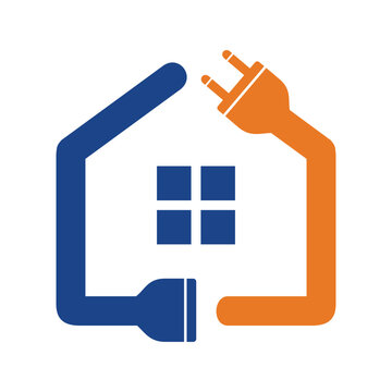 Electric Plug Wire Cable with House, Home Electricity Installation logo design