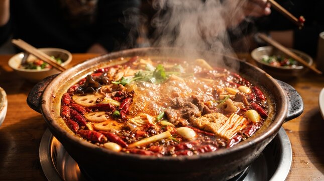 Steaming spicy hot pot with chili peppers and vegetables in a traditional clay pot.