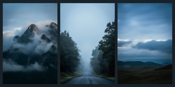 Mountain peaks covered in thick fog, a misty forest road, and rolling hills under clouds