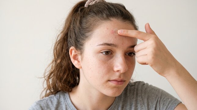 Young woman pointing at hydrocolloid pimple patch applied on forehead acne breakout