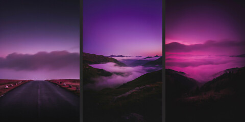 Obraz premium Mountainous landscapes with foggy valleys and empty roads in deep purple hues