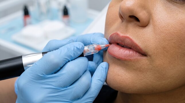 Master performing permanent lip blush tattoo procedure on woman lip with microblading machine