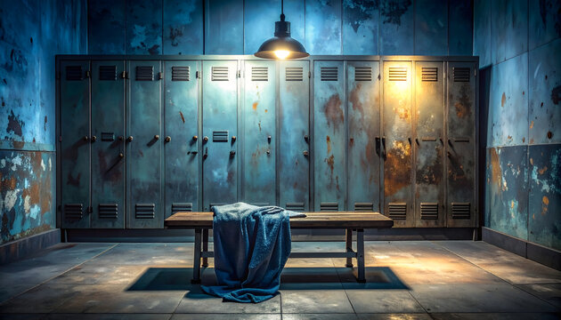 Weathered locker room bench showing quiet gritty pre workout mood wide horizontal photograph sports fitness generative AI