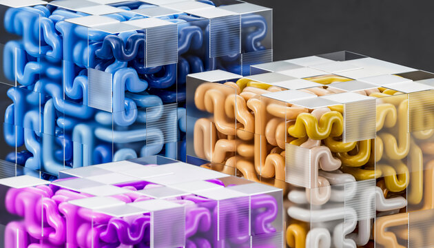 3D Modular Network Cube Blue Gold Purple