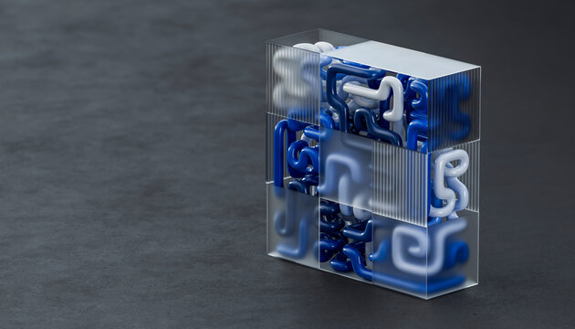 3D Blue Network Cube Layered Glass