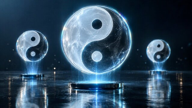 Glowing Holographic Yin Yang Spheres on Futuristic Pedestals