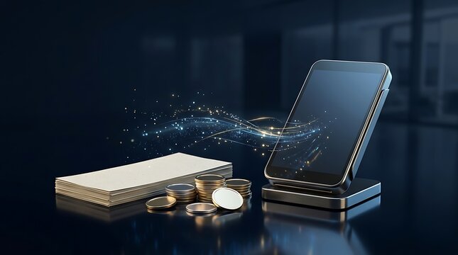 Smartphone sitting on a wireless charging pad next to a small stack of coins with smartphone technology charging wireless business investment currency electronic