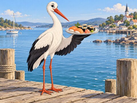 Cartoon Stork Serving Sushi on Wooden Harbor Dock