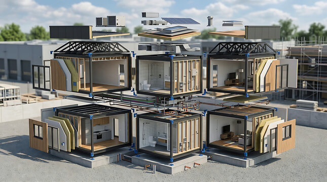 Exploded 3D render of a modular prefabricated building with utilities