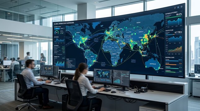 Global Data Center Operations with World Map Display and Analysts.