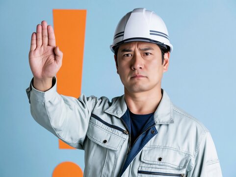 オレンジのビックリマークの前でヘルメットを被りストップの手を出す作業員